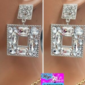 Silver Square Gem Earrings, High Fashion Hoops, Jeweled Large Earrings